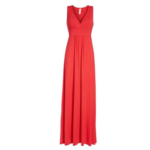 Loveappella V-neck Jersey Maxi Dress Size Medium Dark Pink NWT Stretchy Flowy - Picture 2 of 4